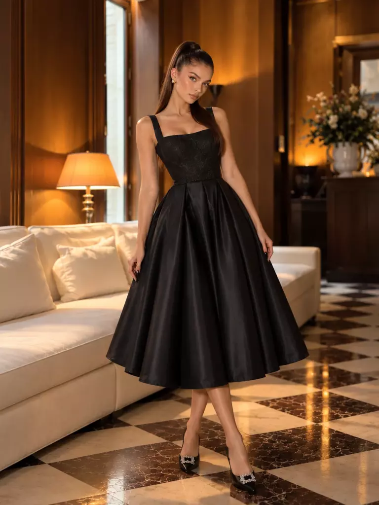 Черное платье миди с блестящим лифом и объемными бантами на плечах